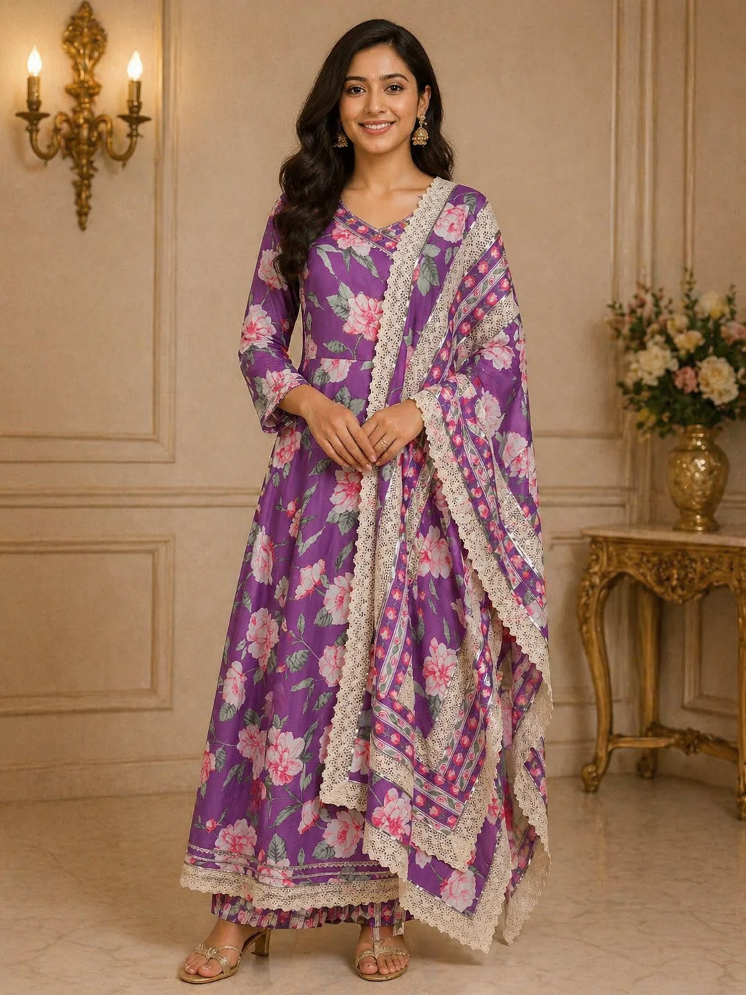 Purple Floral Designed Cotton Anarkali Salwar Suit